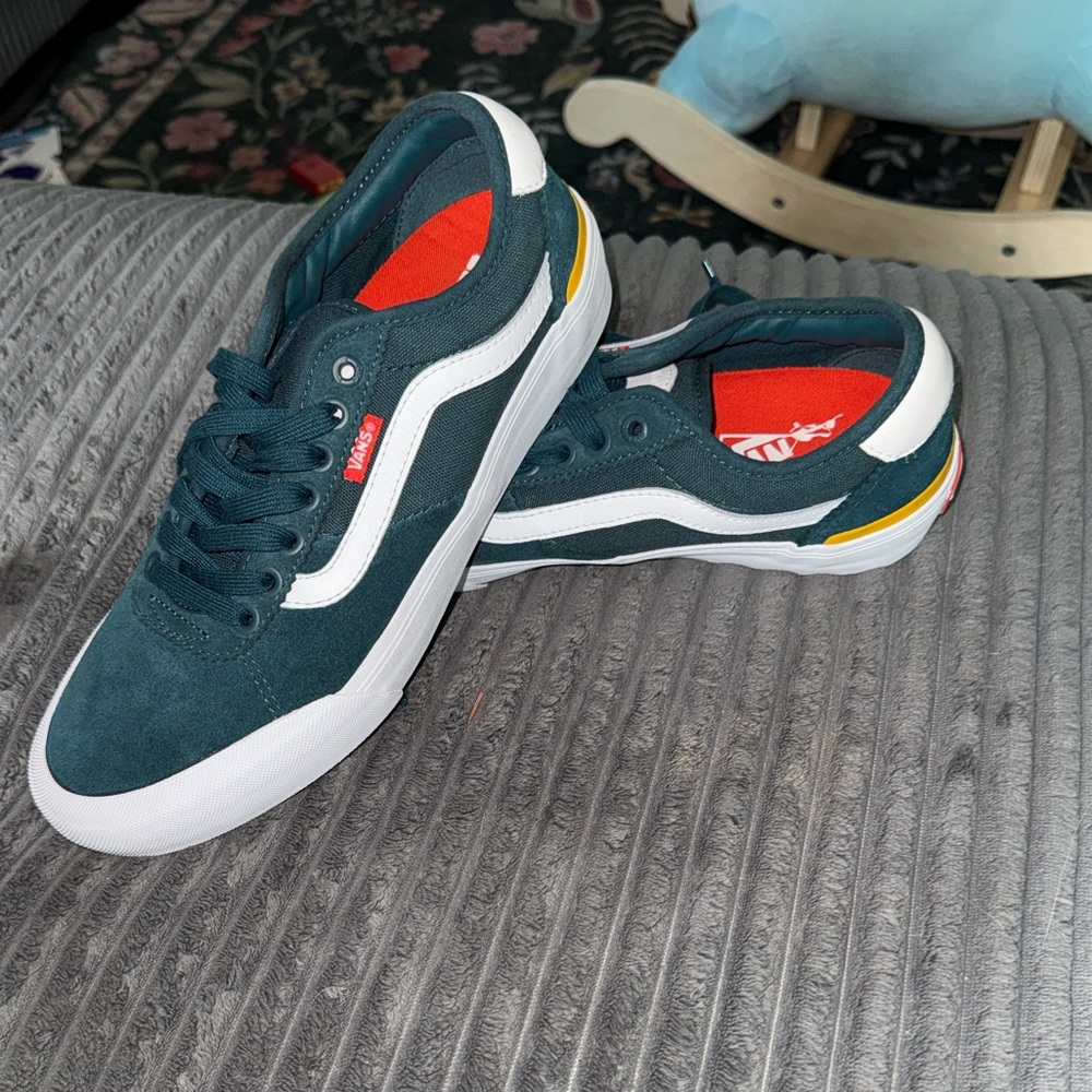 Vans Teal Suede Sneakers with White Stripe and Yellow Heel